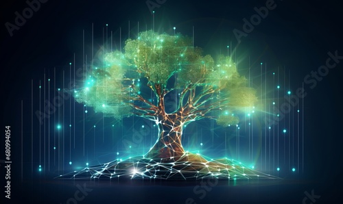Digital tree on the background of a graph with numbers in a futuristic polygonal style. Concept of creating capital or investing or stock market.  illustration with light, Generative AI photo