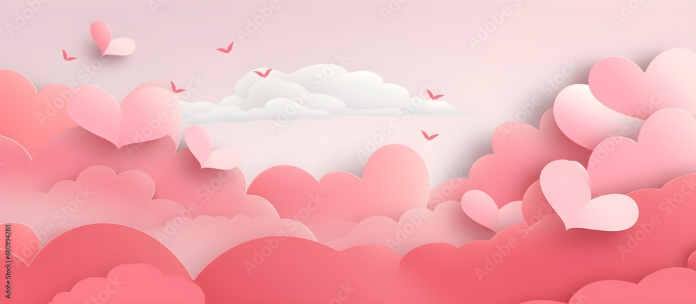 Happy st. Valentines day banner with red abstract illustrated hearts, pink paper hearts flying shining against dark red background with empty space for text, clouds, dreamy, couple love concept