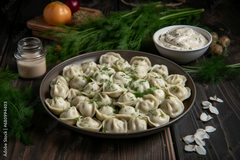 Meat filled dumplings pelmeni. Boiled stuffed dough with meat handmade food. Generate ai Meat filled dumplings pelmeni. Boiled stuffed dough with meat handmade food. Generate ai