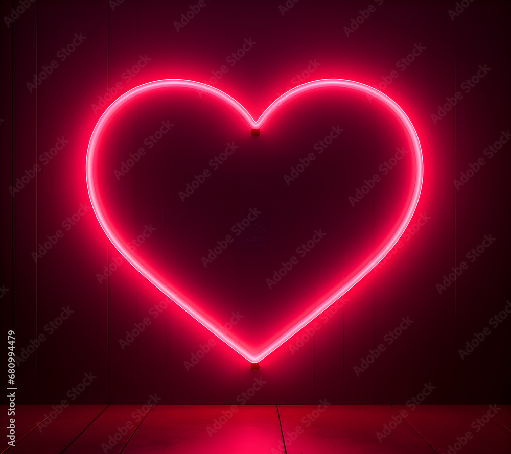 Bright pink red heart. Retro neon heart sign on purple dark background. Design element for Happy Valentine's Day. Ready for your design, greeting card, banner. illustration