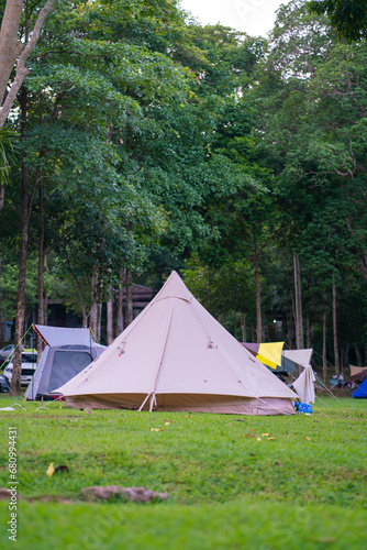 Camping tent on green grass in tropical forest