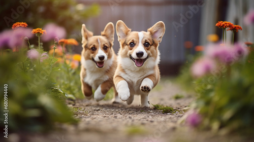 A pair of playful Corgi puppies captured in a dynamic play session