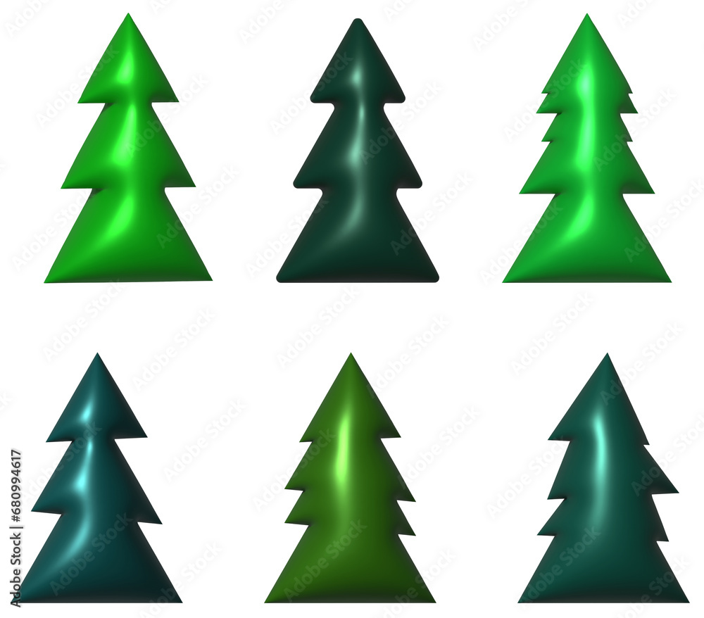 Obraz premium Green various Christmas tree tree, 3D rendering illustration