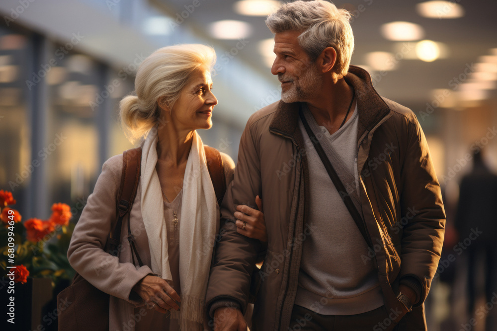 Senior old Caucasian family at airport, subway, train station, or shopping mall. Senior old Caucasian family at airport, subway, train station, or shopping mall.