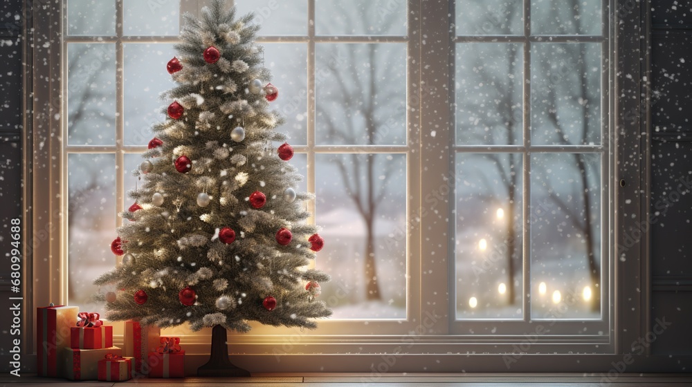 Cozy Christmas tree adorned with red ornaments and gifts on a snowy winter evening. Warm and festive holiday decor with Christmas tree and snowfall outside the window.