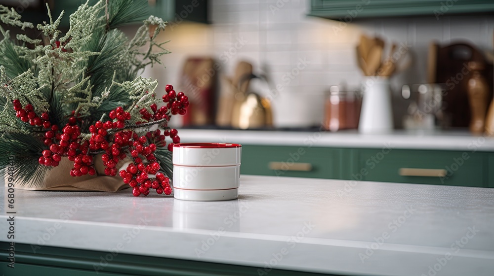 Festive kitchen decor with Christmas holly and pine arrangement. Traditional red and green holiday decoration in a modern home setting. Festive kitchen decor with Christmas holly and pine arrangement. Traditional red and green holiday decoration in a modern home setting.