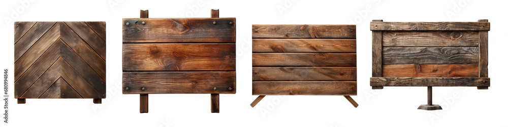 Old wooden board set isolated on transparent background.