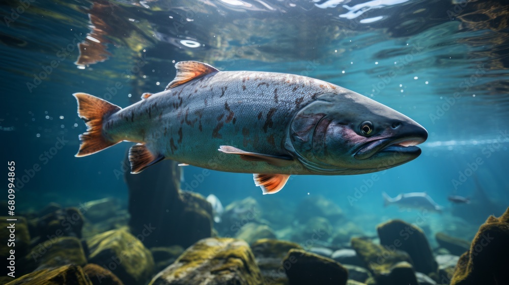 Fototapeta premium Salmon fish swim in the white-water rivers of northern territory, or Alaska. Brown trout, underwater photo, preparing for spawning in its natural river habitat, shallow depth of field