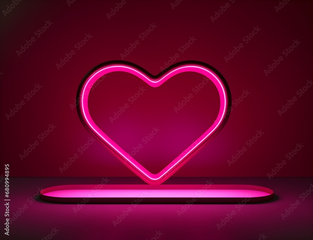 Bright 3d pink red neon heart on color background. Mock up platform design element for Happy Valentine's Day. Ready for your design, greeting card, banner. illustration