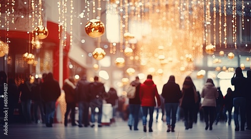 Wallpaper Mural Festive holiday shopping crowd with golden light bokeh. Christmas rush in a bustling city mall. Torontodigital.ca