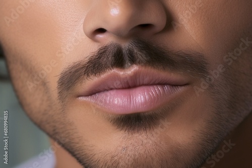 A close-up of a beautiful man's lips, their natural shape and color captivating the viewer.