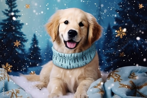 Joyful golden retriever dog enjoying the winter wonderland in a blue scarf. A golden retriever's Christmas delight amidst a snowy and sparkling backdrop