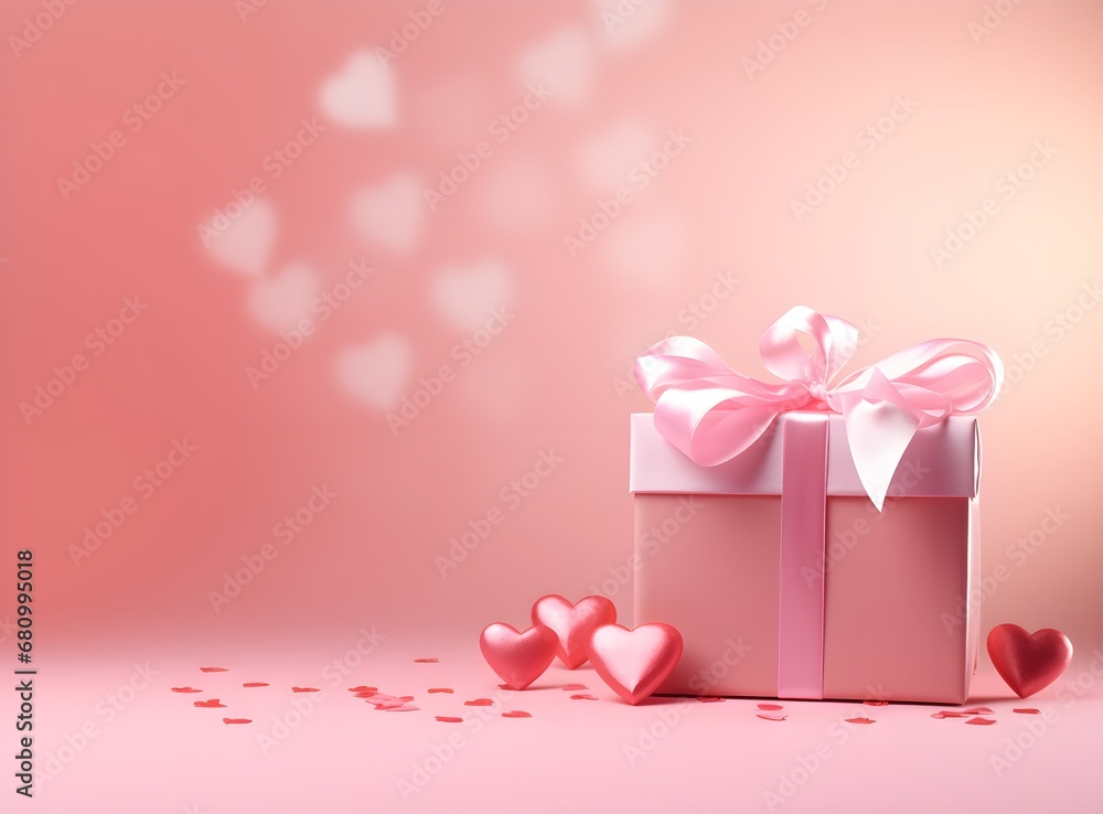 Paper art Valentine's day concept banner with hand made gift box, present pink cut ribbon, bow, and a lot of hearts on a color pastel pink background with space for text, banner, rose flowers bouquet