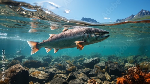 Salmon fish swim in the white-water rivers of northern territory, or Alaska. Brown trout, underwater photo, preparing for spawning in its natural river habitat, shallow depth of field