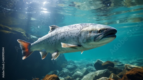 Salmon fish swim in the white-water rivers of northern territory  or Alaska. Brown trout  underwater photo  preparing for spawning in its natural river habitat  shallow depth of field