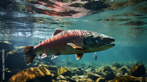 Salmon fish swim in the white-water rivers of northern territory  or Alaska. Brown trout  underwater photo  preparing for spawning in its natural river habitat  shallow depth of field