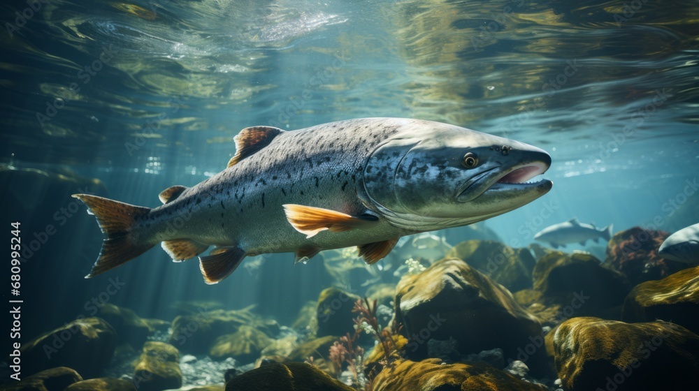 Salmon fish swim in the white-water rivers of northern territory, or Alaska. Brown trout, underwater photo, preparing for spawning in its natural river habitat, shallow depth of field - obrazy, fototapety, plakaty 