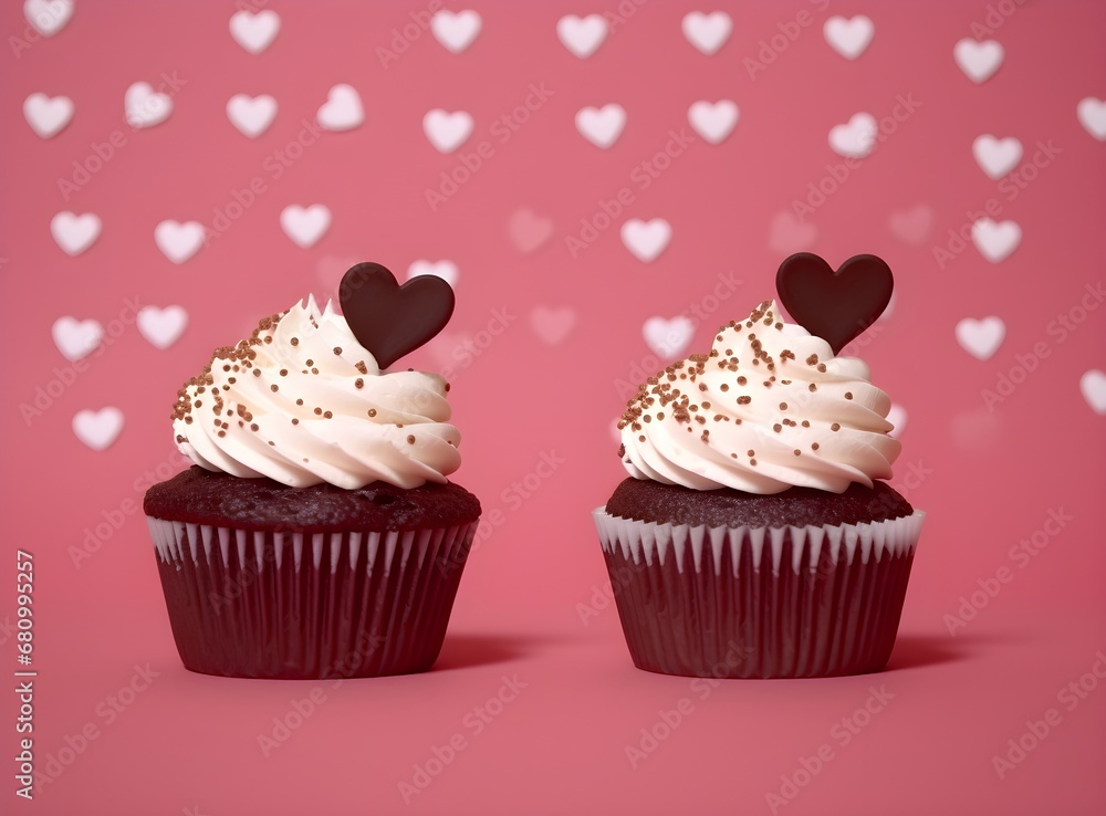 Festive cupcakes with a heart sugar figures inside for Valentine's Day decorated with sprinkles with hearts on colorful modern color background. Love sweet concept, bokeh pink color photo, copy space Festive cupcakes with a heart sugar figures inside for Valentine's Day decorated with sprinkles with hearts on colorful modern color background. Love sweet concept, bokeh pink color photo, copy space