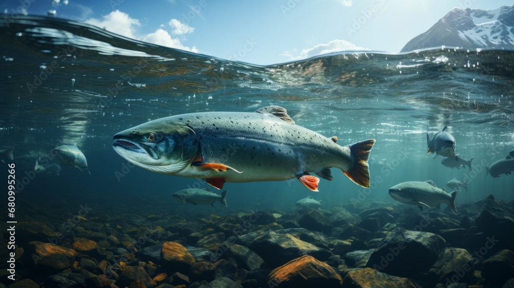 Salmon fish swim in the white-water rivers of northern territory, or Alaska. Brown trout, underwater photo, preparing for spawning in its natural river habitat, shallow depth of field - obrazy, fototapety, plakaty 