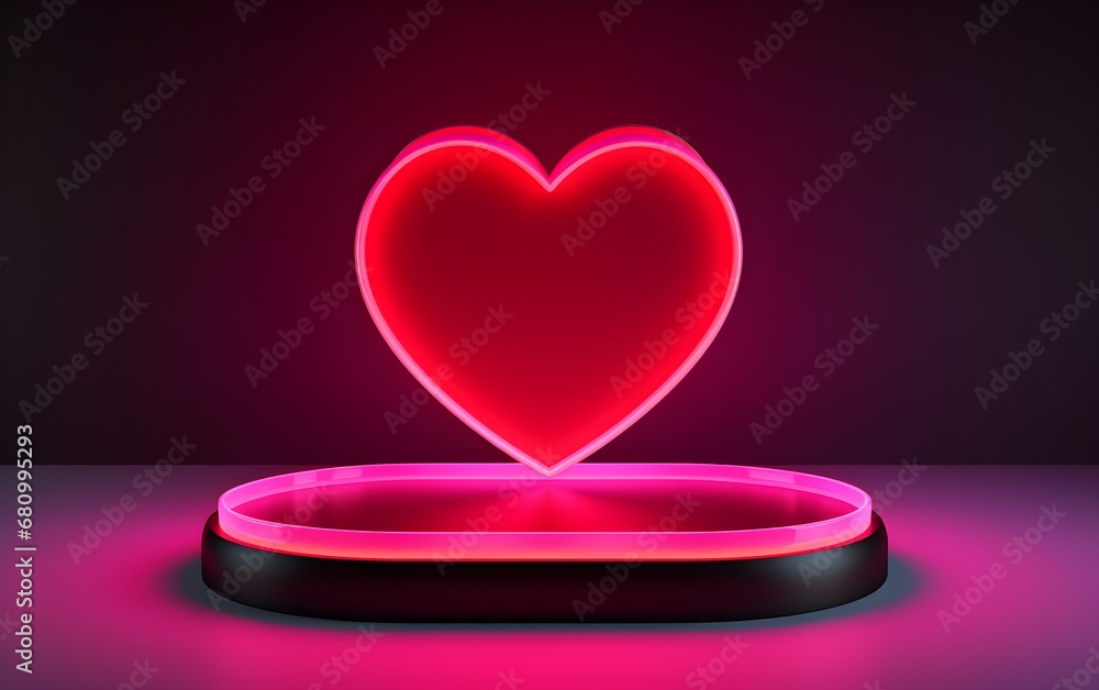 Bright 3d pink red neon heart on color background. Mock up platform design element for Happy Valentine's Day. Ready for your design, greeting card, banner. illustration