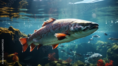 Salmon fish swim in the white-water rivers of northern territory  or Alaska. Brown trout  underwater photo  preparing for spawning in its natural river habitat  shallow depth of field