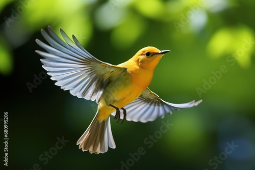 Prothonotary Warbler in Flight Amidst Green Foliage © Meow Creations