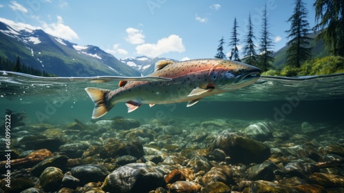 Salmon fish swim in the white-water rivers of northern territory, or Alaska. Brown trout, underwater photo, preparing for spawning in its natural river habitat, shallow depth of field