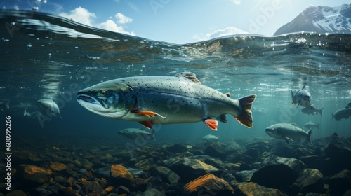Salmon fish swim in the white-water rivers of northern territory, or Alaska. Brown trout, underwater photo, preparing for spawning in its natural river habitat, shallow depth of field photo