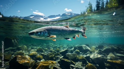 Salmon fish swim in the white-water rivers of northern territory, or Alaska. Brown trout, underwater photo, preparing for spawning in its natural river habitat, shallow depth of field © ND STOCK