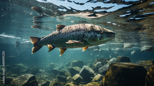 Salmon fish swim in the white-water rivers of northern territory, or Alaska. Brown trout, underwater photo, preparing for spawning in its natural river habitat, shallow depth of field