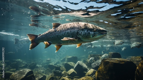 Salmon fish swim in the white-water rivers of northern territory  or Alaska. Brown trout  underwater photo  preparing for spawning in its natural river habitat  shallow depth of field