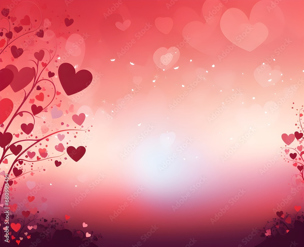 Happy st. Valentines day banner with red abstract illustrated hearts, pink paper hearts flying shining against dark red background with empty space for text, clouds, dreamy, couple love concept
