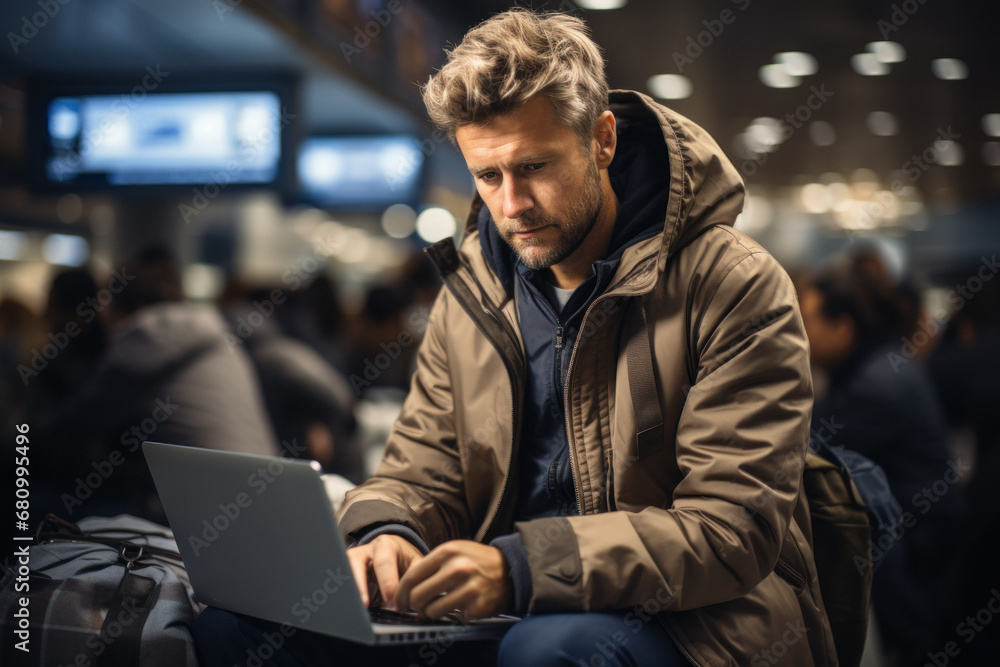 Caucasian man sitting with luggage in waiting room of airport, subway, railway station