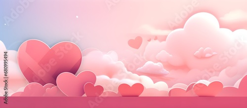 Happy st. Valentines day banner with red abstract illustrated hearts, pink paper hearts flying shining against dark red background with empty space for text, clouds, dreamy, couple love concept banner photo