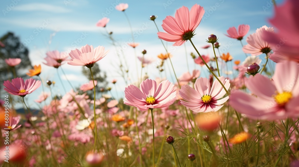 Blossoming Pink Cosmos Under the Blue Sky Blossoming Pink Cosmos Under the Blue Sky