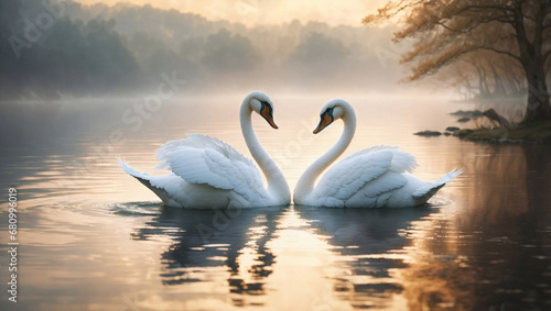 Two elegant swans in love gracefully glide across a serene lake in the forest. The morning fog envelops the scene.