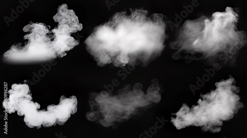 Set of white clouds isolated on black background. Collection of realistic clouds
