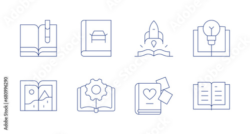 Book icons. Editable stroke. Containing book, open book, sketch book, rocket, photo book.