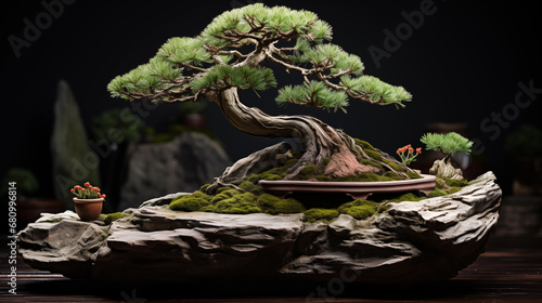 Crooked Japanese pine Bonsai growing on stones. . Generative AI
