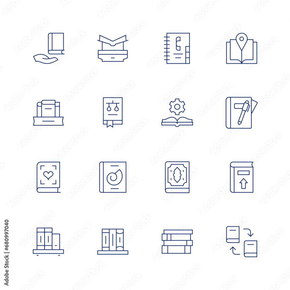 Book line icon set on transparent background with editable stroke. Containing book, world book day, books, law book, contact book, manual book, quran, guide book, exchange, diary, upload.