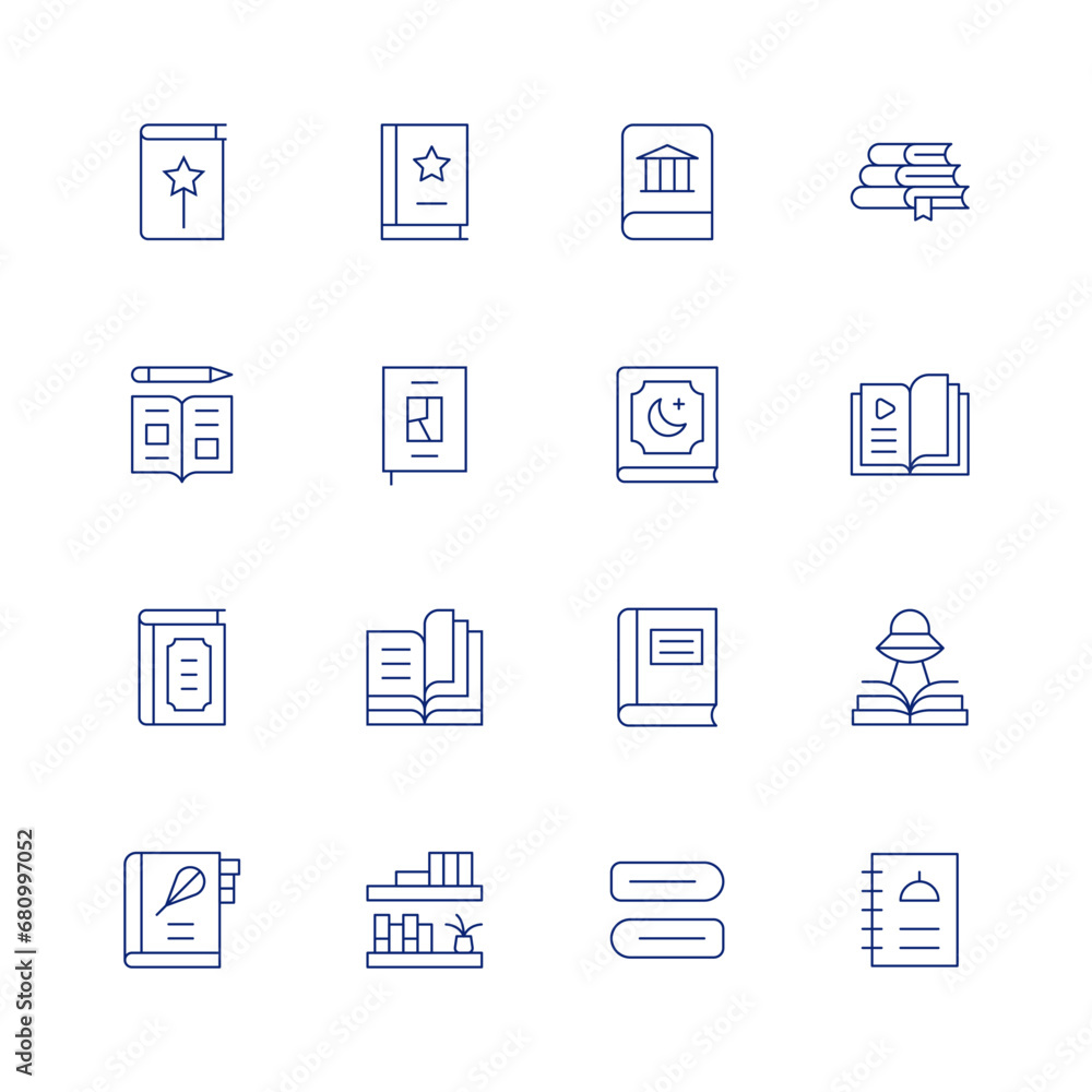 Book line icon set on transparent background with editable stroke. Containing magic book, book, recipe book, art book, open book, book shelves, history book, quran, books, menu, chapter, literature.