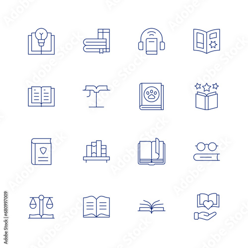 Book line icon set on transparent background with editable stroke. Containing book, open book, law book, books, book shelf, reading book, audio book, comic book, ratings, learning.