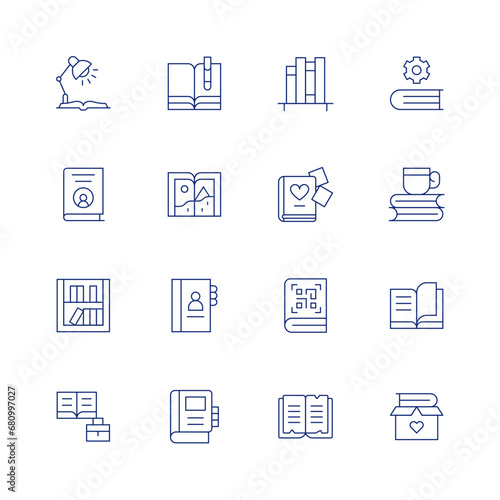 Book line icon set on transparent background with editable stroke. Containing book, book shelf, manual book, sketch book, contact book, reading, photo book, barcode.