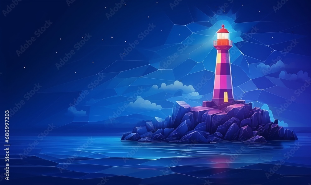Lighthouse on the seashore in digital futuristic style. Light effect as a guide to the sea. Night landscape of rocky coast with building, Generative AI