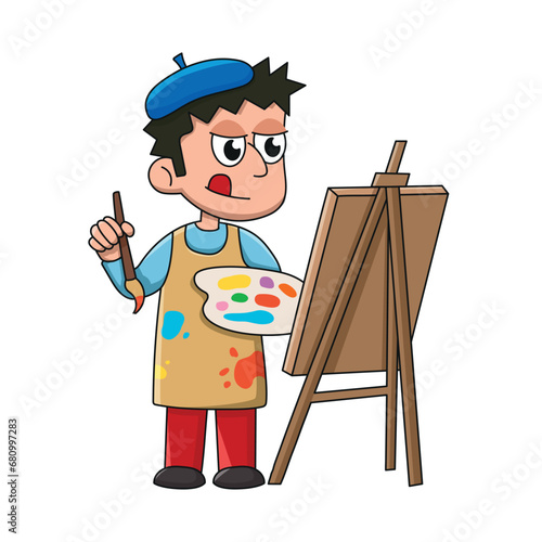 Artist painting a picture. Colorful vector illustration for children