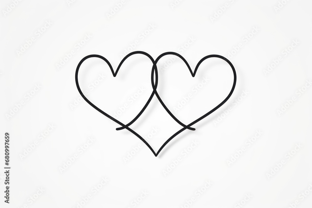 Two hearts with one thin black line on white background, valentine's day. Generative AI