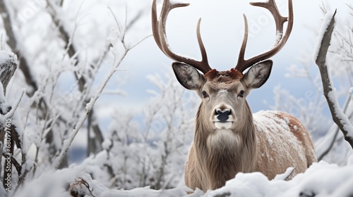 Reindeer in a wintry landscape with falling snow. © sopiangraphics