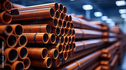 Steel tubing stored in a factory warehouse.