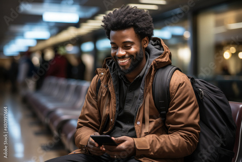 African man sitting with luggage in waiting room of airport, subway, railway station