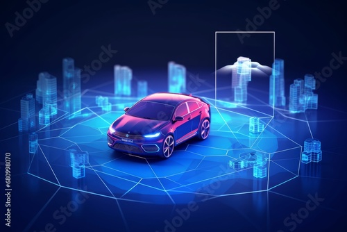 locations in the city in a digital futuristic polygonal style. Concept for car rental or carsharing or car parking.  illustration with light, Generative AI photo